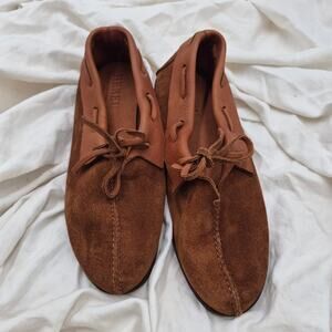 HEREU Tilla Suede Deconstructed Tan Babouche Bow Loafers womens size 40 us 10.5